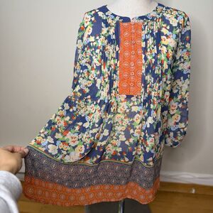 Daniel Rainn Floral Sheer Pleated 3/4 Sleeve Tunic Blouse Top S EUC Boho Artsy
